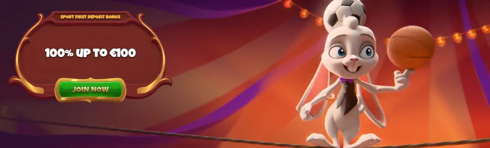 Banner de bonificación de Magius con un personaje de conejo y oferta de 100% de coincidencia